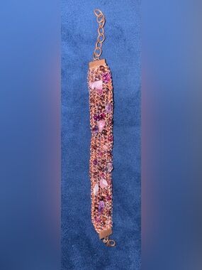 Handmade Rose Gold-Tone Beaded Wide Bracelet with Pink & Purple Stones